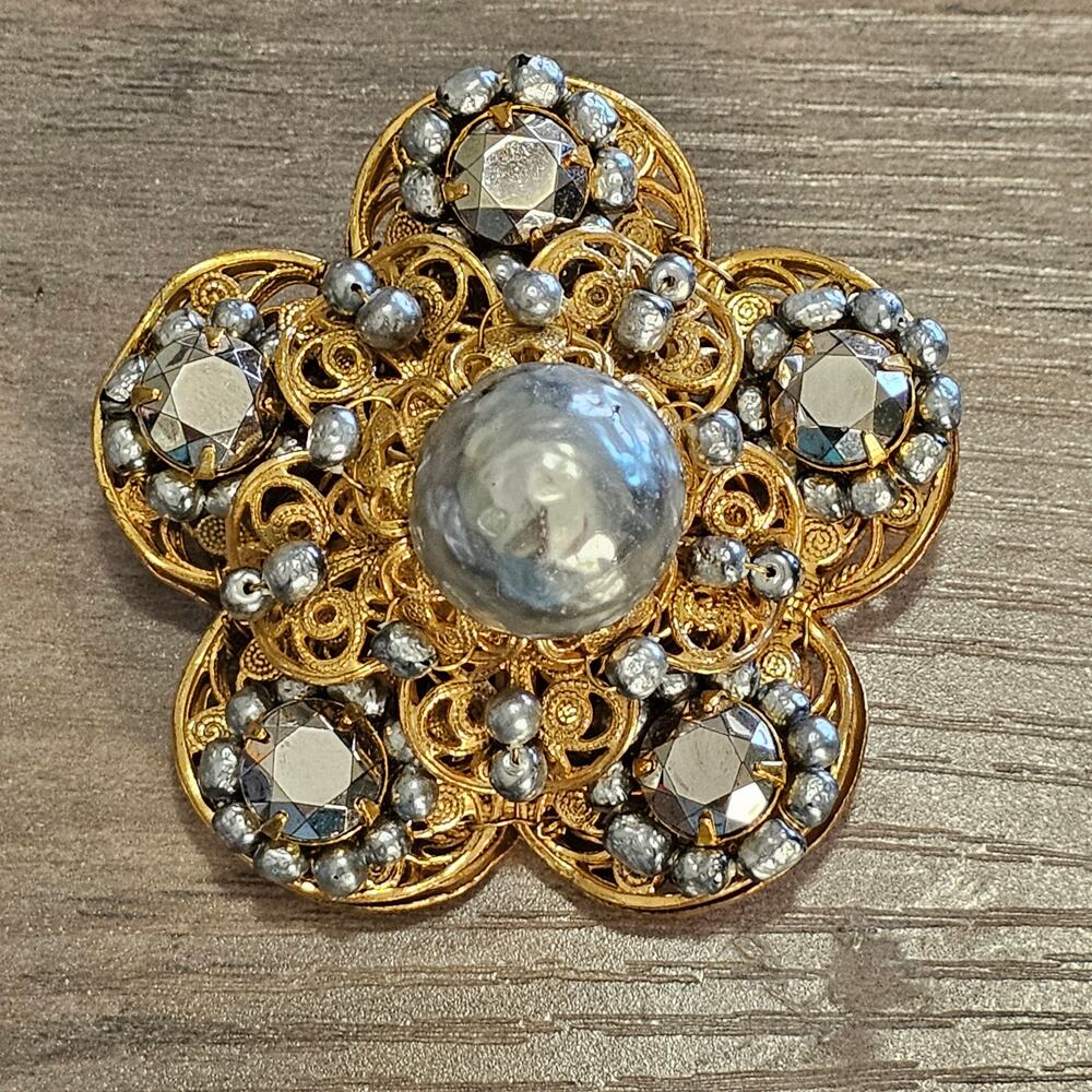 Vintage Miriam Haskell Silver Pearl & Rhinestones Gold Flower Brooch